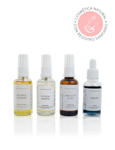 Pack de inicio con aceite limpiador jabon liquido tonico astringente y serum humectante natural